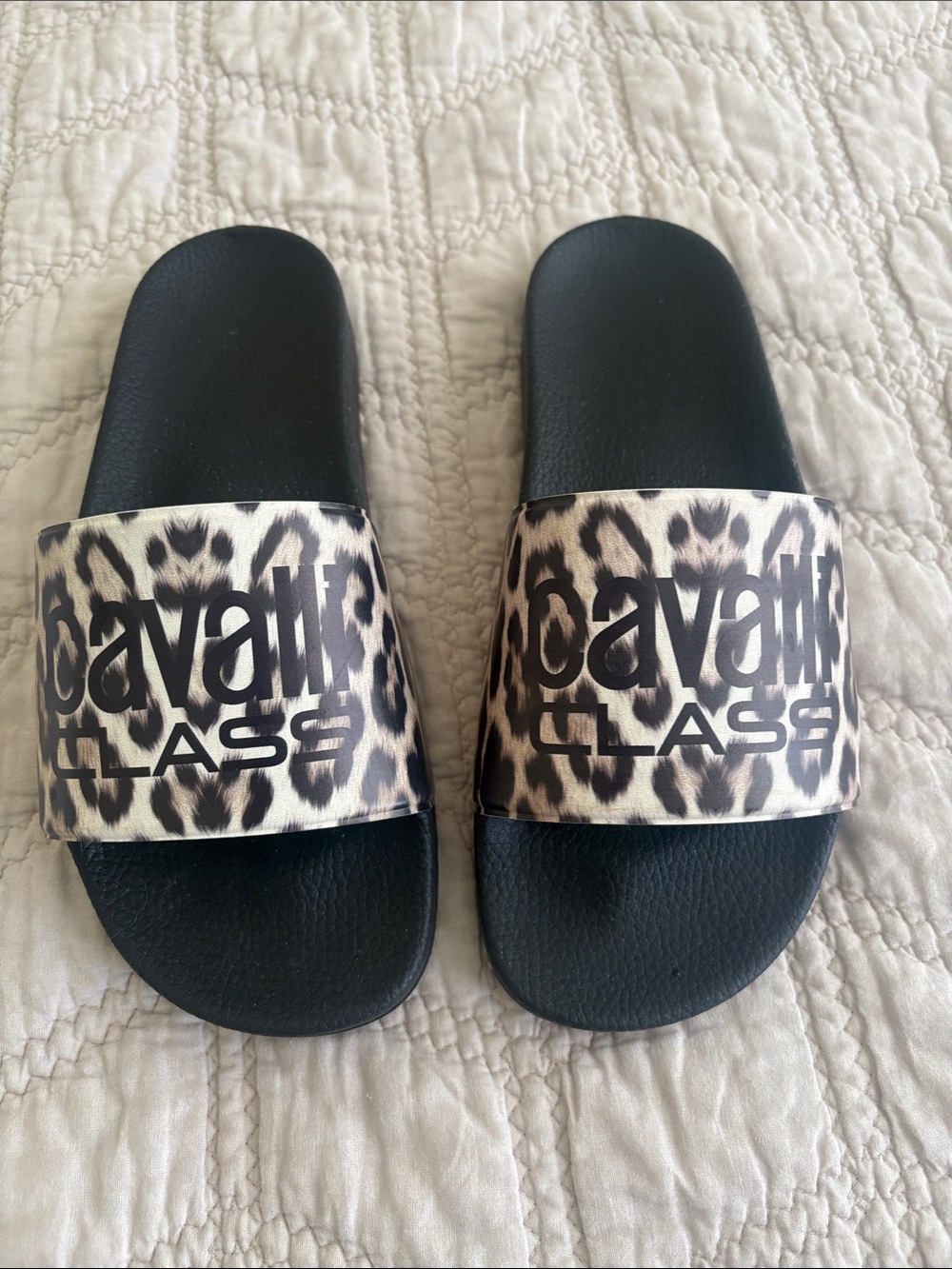 Cavalli Class Black Slides with Leopard Print Straps